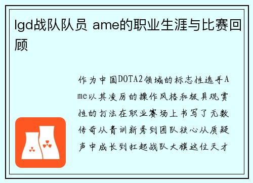 lgd战队队员 ame的职业生涯与比赛回顾